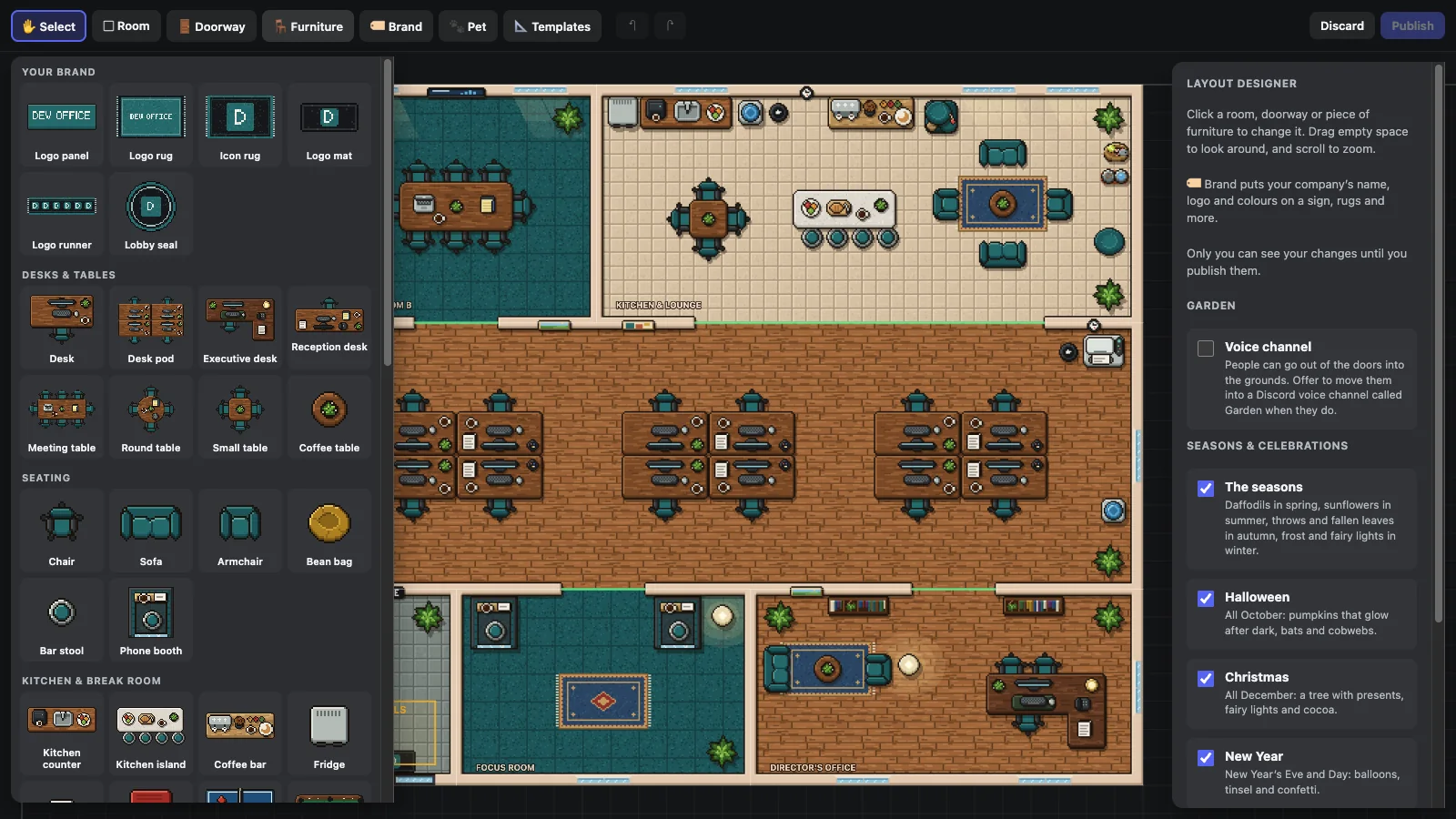 The layout designer: furniture to drag into the office on the left, the office’s rooms in the middle, and its settings on the right.