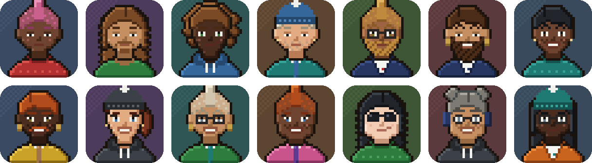 Fourteen pixel-art faces made in Doorway, each different: curls, braids, beanies, beards, glasses, headphones.