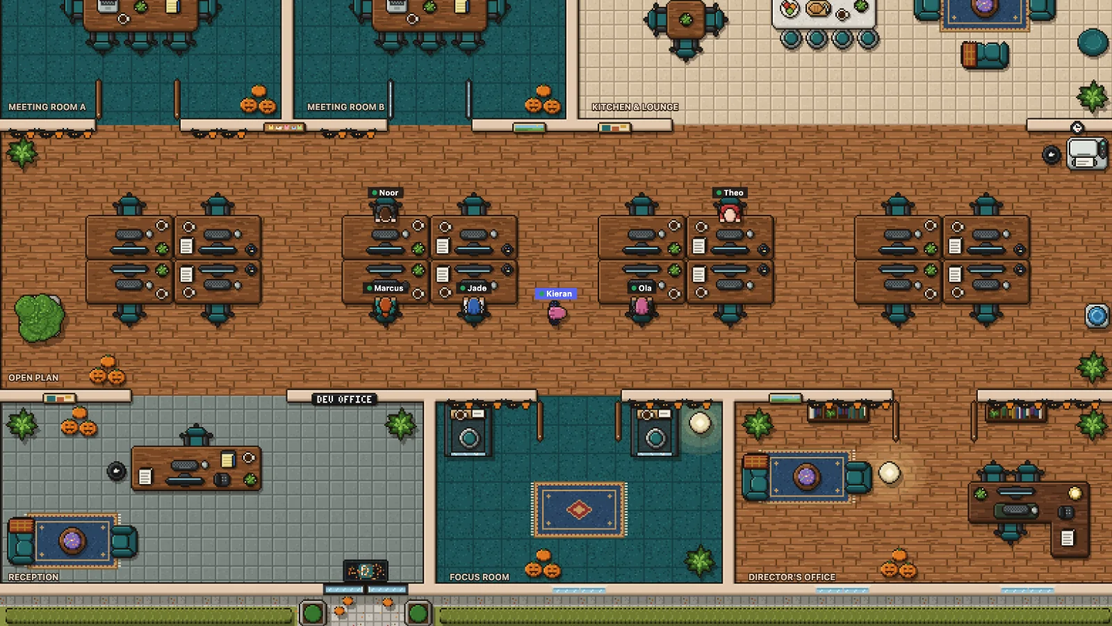 The office from above: two meeting rooms, the kitchen, rows of desks with people at them, reception and the director’s office.